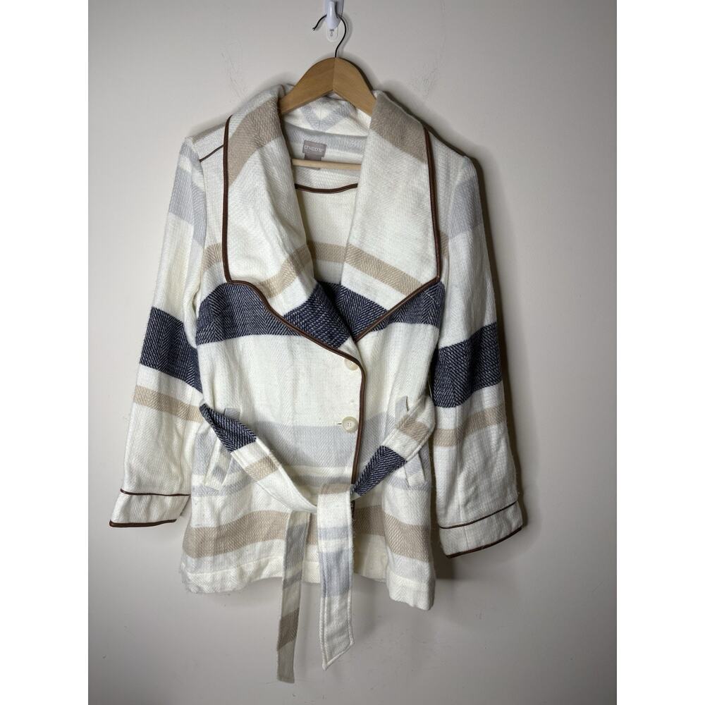 Chicos Womens 0 US 4/6 Blanket Coat Jacket Cream Striped Pockets Belt 2 Button